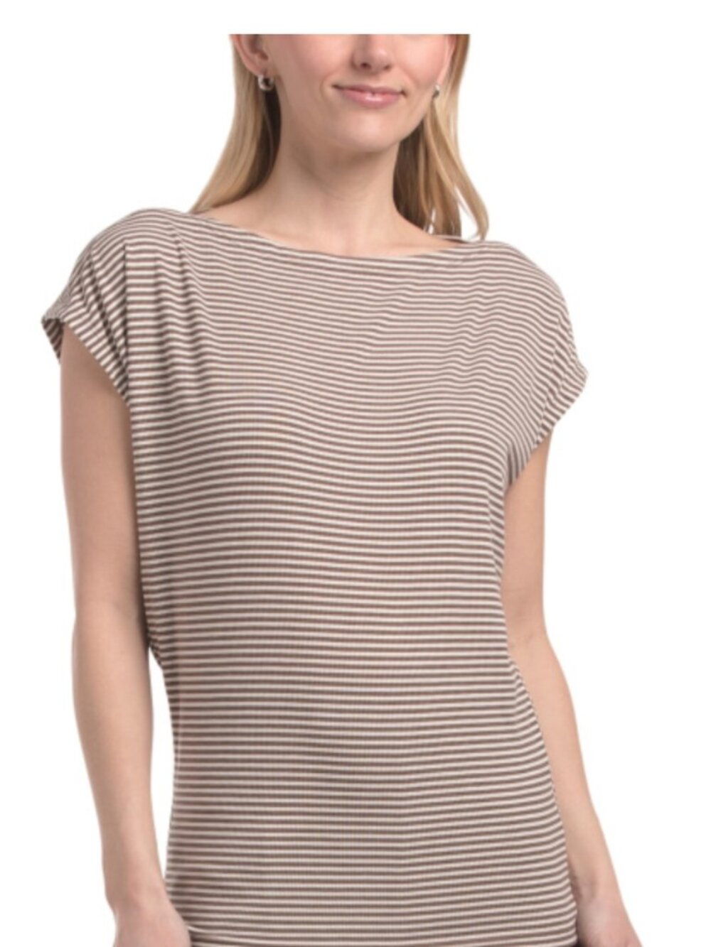 NWT MAX STUDIO LONDON Cap Sleeve Tan White Striped Knit Top
